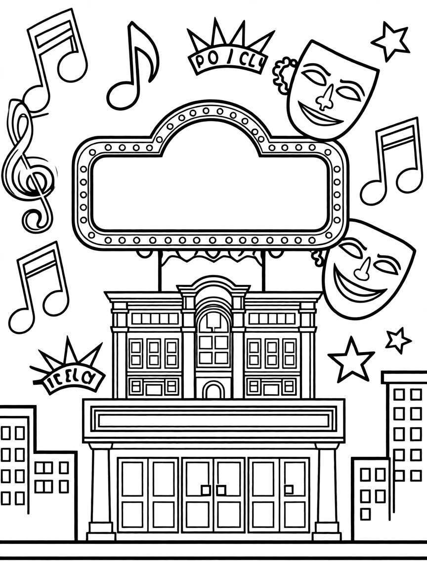 The Palace Theatre with Broadway musical notes, theater masks, vintage marquee lights, and New York City entertainment district symbols