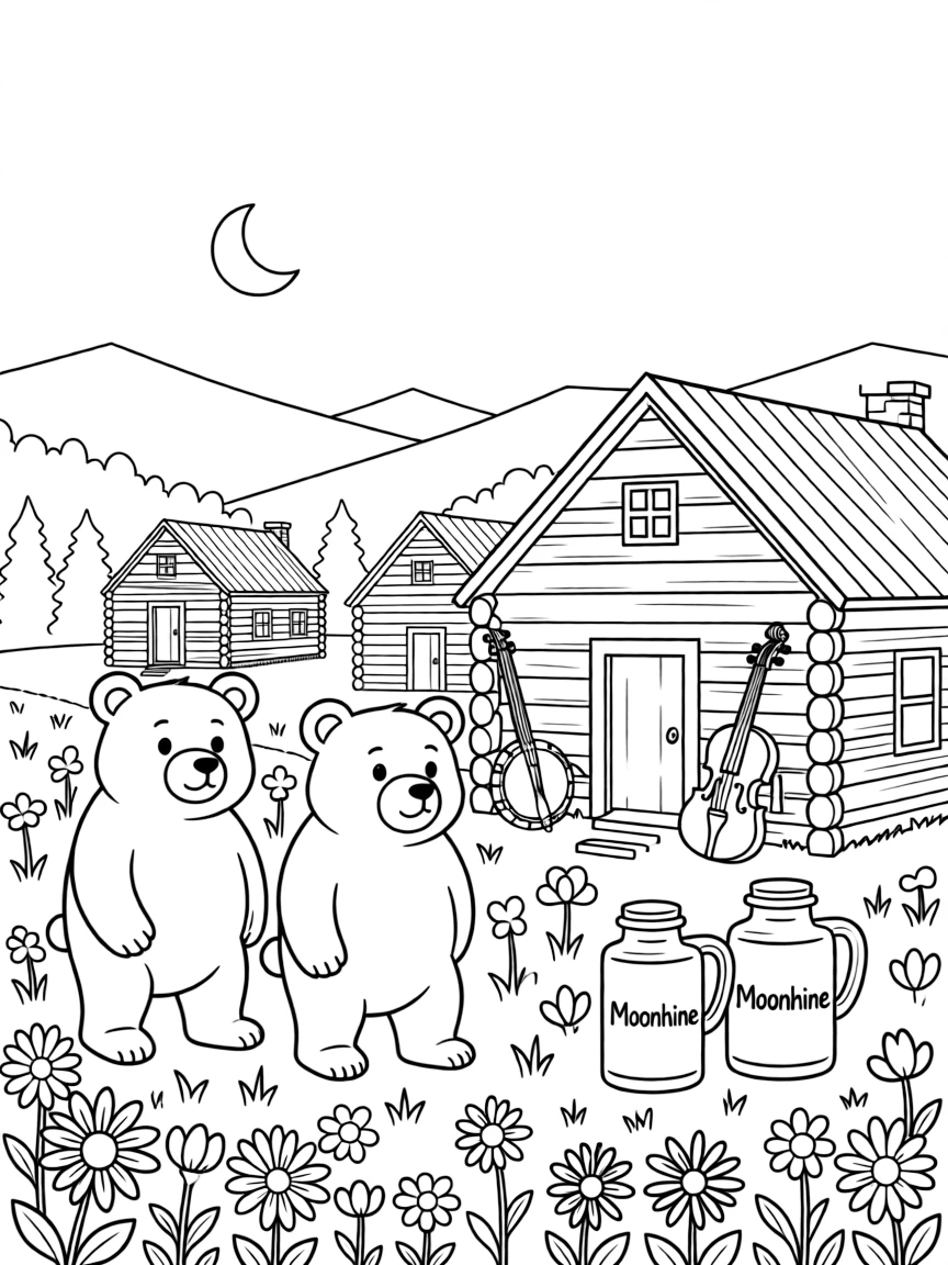 Great Smoky Mountains with black bears, Appalachian log cabins, wildflower meadows, moonshine jugs, and mountain folk music instruments