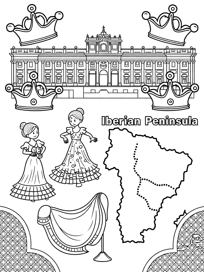 The Palacio Real in Madrid with Spanish royal crowns, flamenco dancers, bullfighting capes, Iberian Peninsula maps, and Moorish decorations
