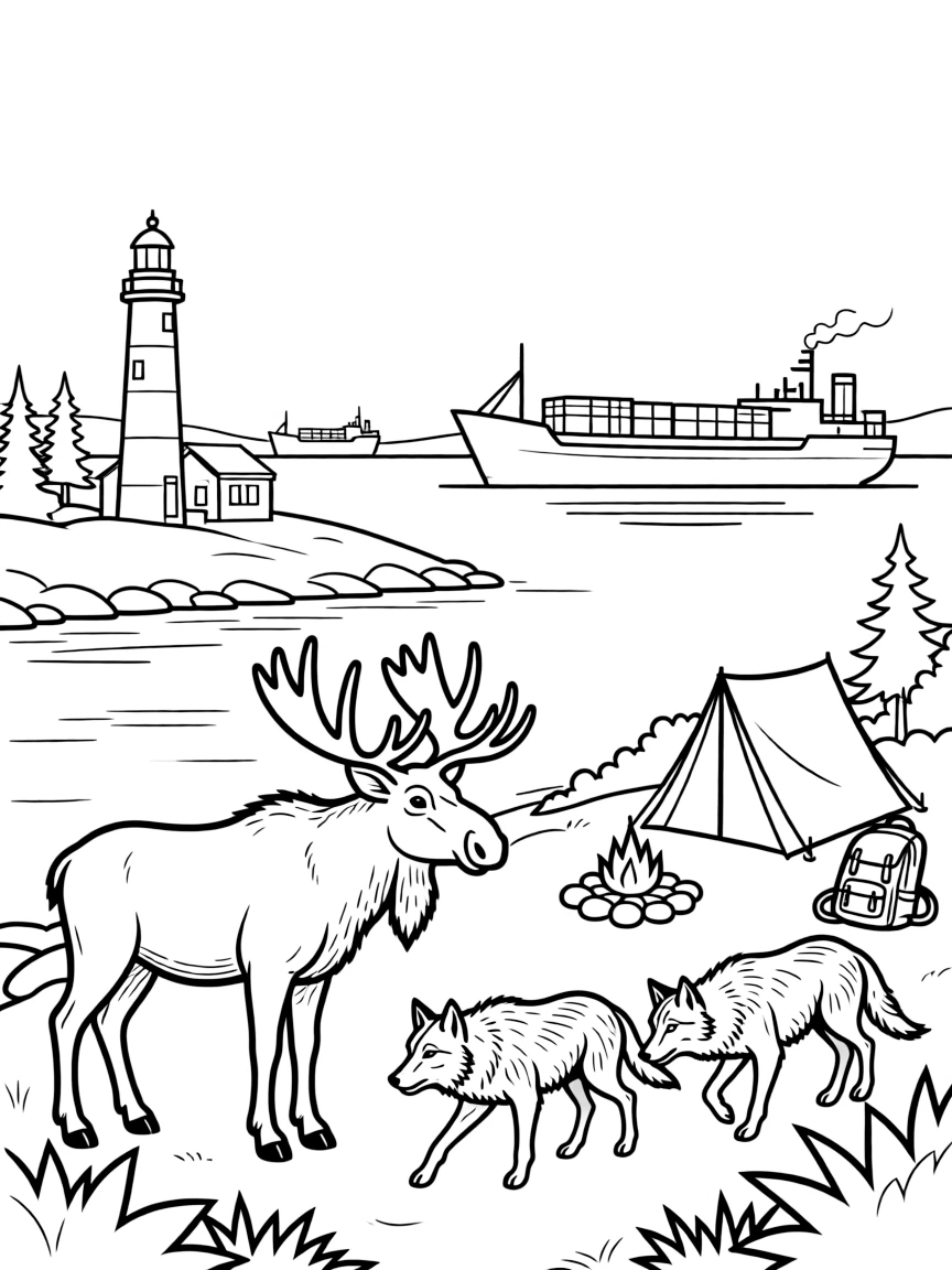 Isle Royale with moose and wolves, Lake Superior lighthouses, wilderness camping, and Great Lakes shipping vessel silhouettes