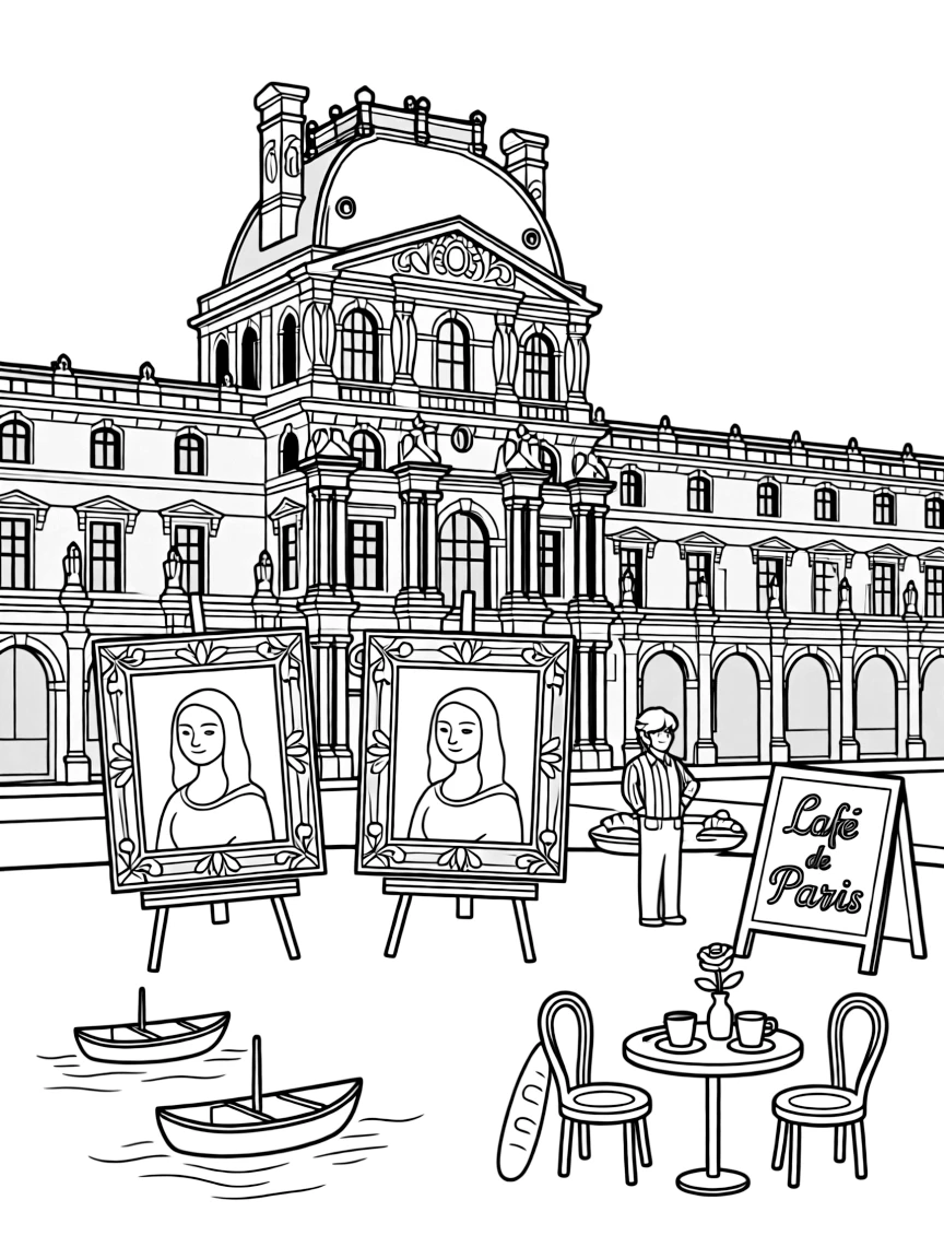 The Palais du Louvre with Mona Lisa frames, French Renaissance art, Seine River boats, and Parisian café culture symbols