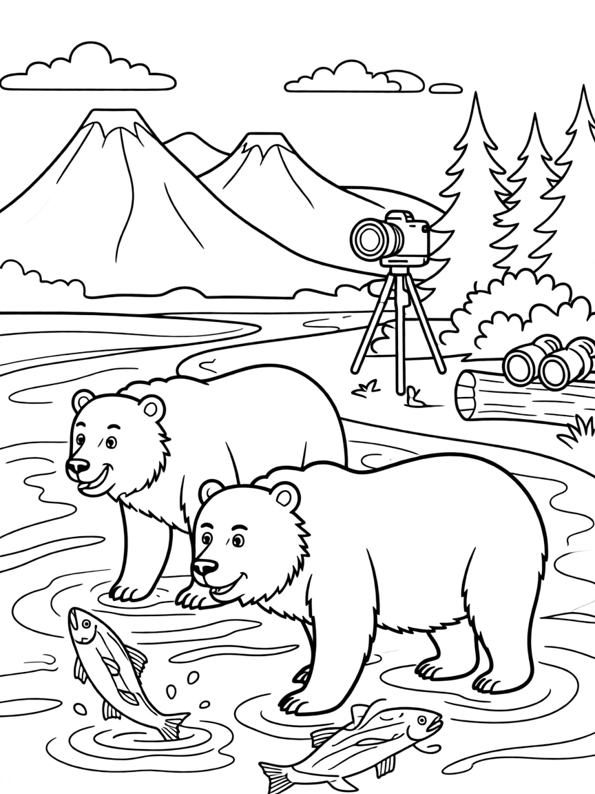 Katmai National Park with brown bears fishing for salmon, Alaska wilderness, volcanic landscapes, and wildlife photography equipment