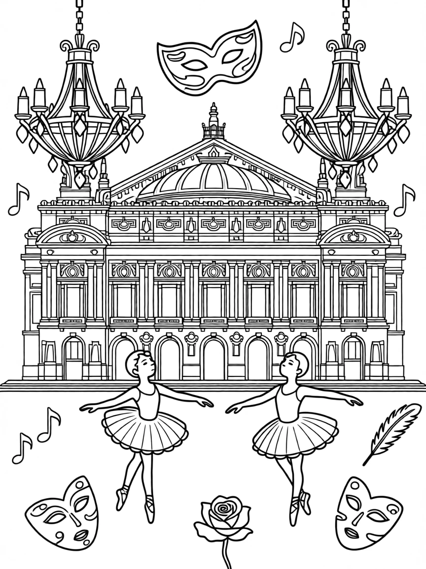 The Palais Garnier Opera House with ballet tutus, opera masks, crystal chandeliers, and Phantom of the Opera musical symbols