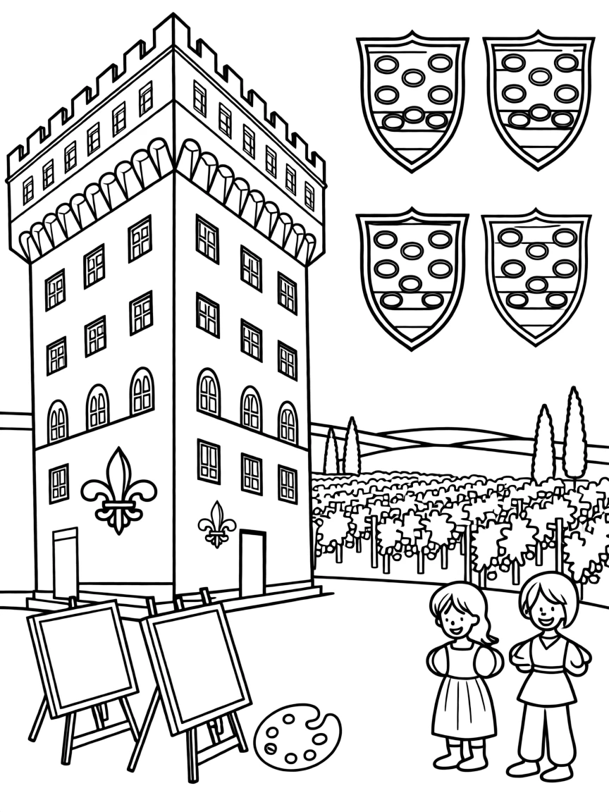 The Palazzo Vecchio with Renaissance Florence symbols, Medici family crests, Italian art easels, and Tuscan countryside vineyard scenes