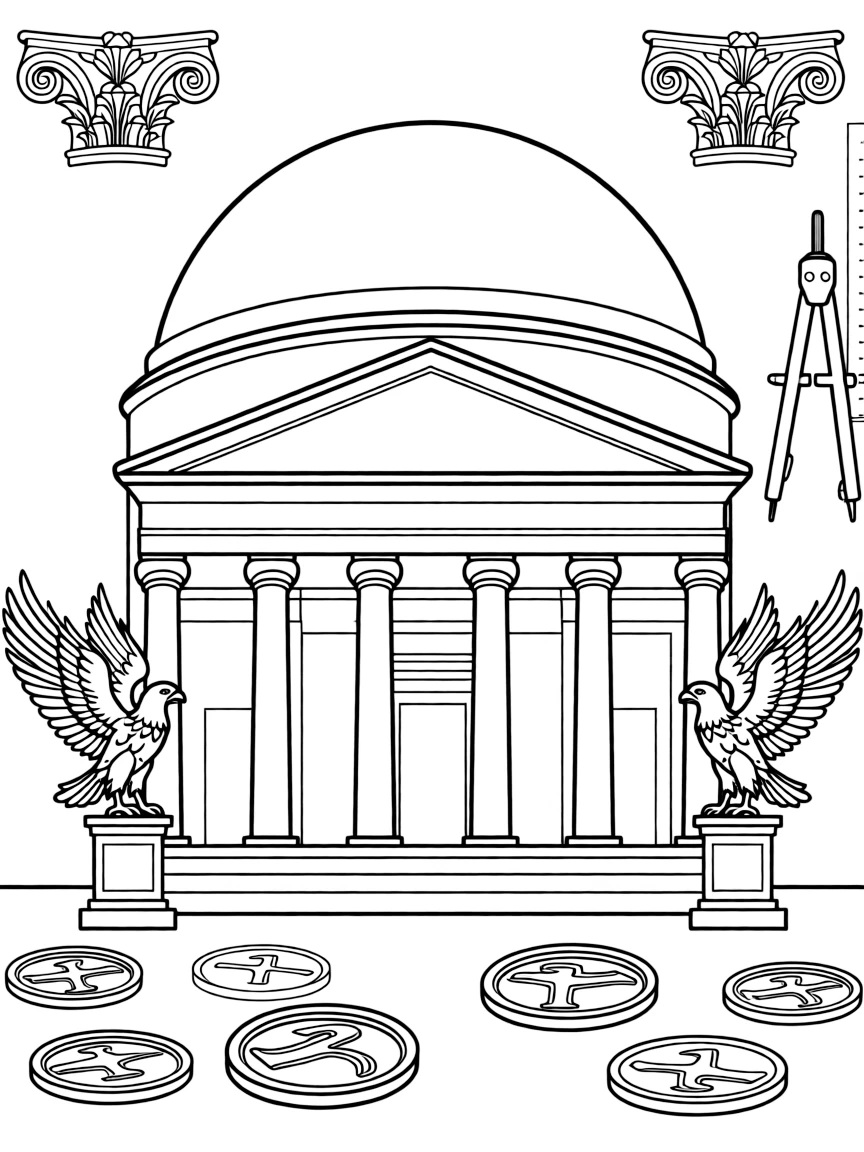 The Pantheon in Rome with Roman eagles, ancient coins, architectural compass tools, and classical column capital decorations