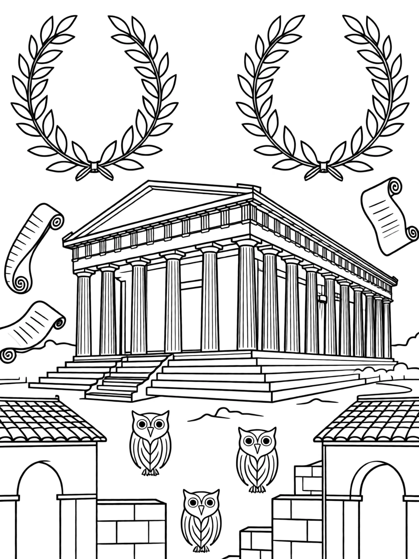 The Parthenon with Greek olive wreaths, ancient philosophy scrolls, Athenian owl symbols, and Mediterranean architectural elements