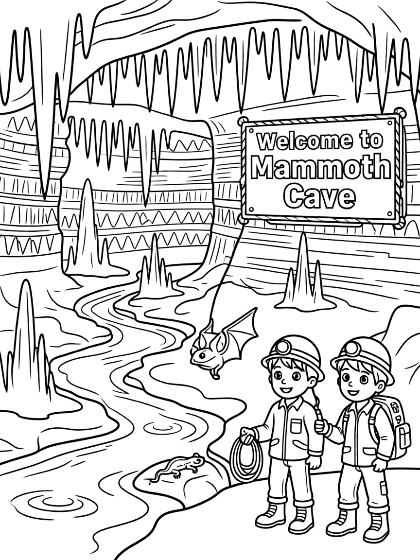 Mammoth Cave with underground rivers, Kentucky wildlife, spelunking equipment, and limestone cave formation cross-sections