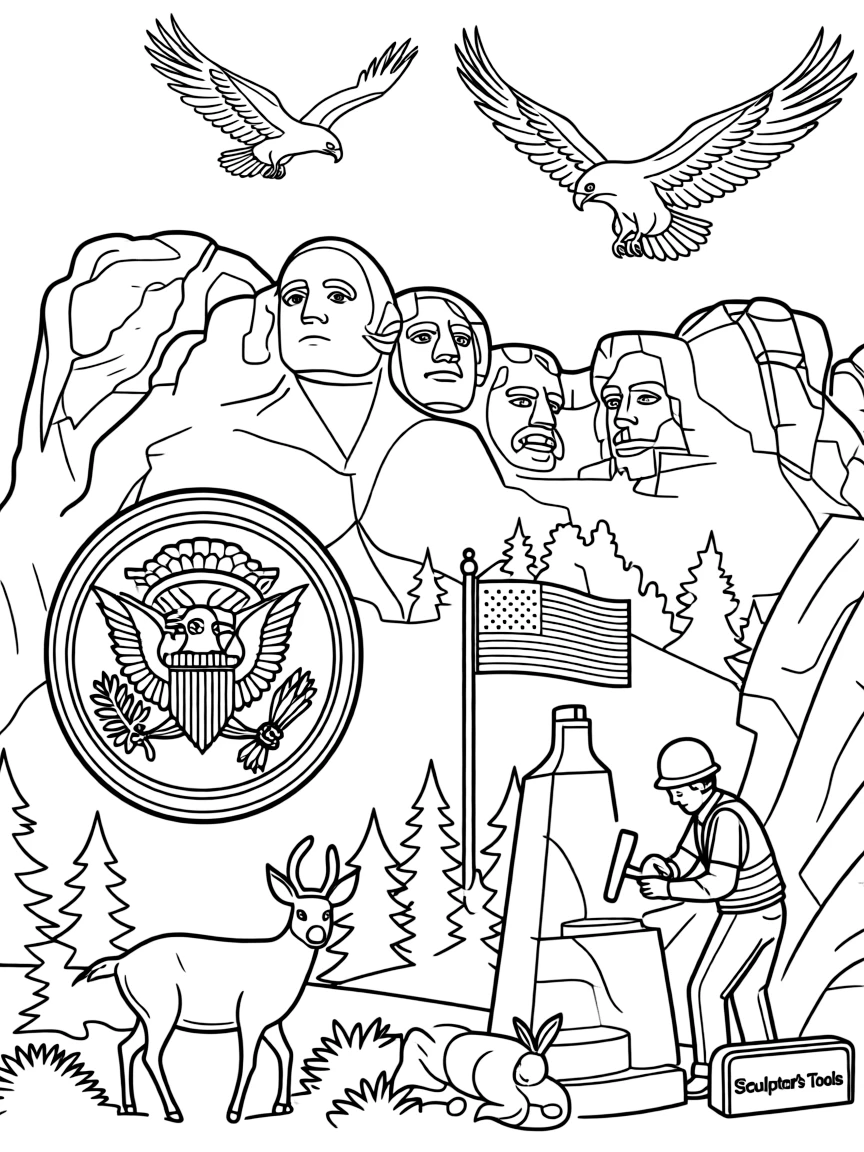 Mount Rushmore with American presidential symbols, Black Hills wildlife, patriotic eagles, and stone carving sculptor tools