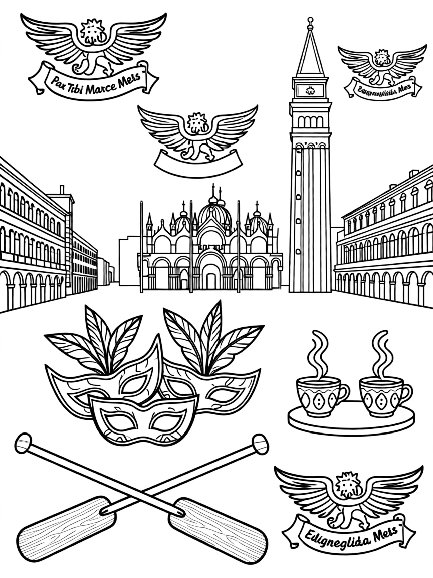 The Piazza San Marco with Venetian carnival masks, gondola oars, Italian coffee cups, and St. Mark's winged lion symbols