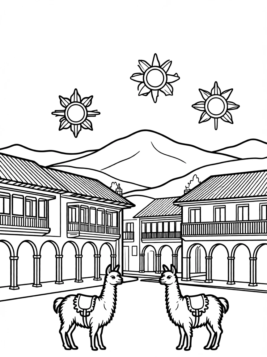 The Plaza de Armas with Spanish colonial architecture, Peruvian llamas, Incan sun symbols, and Andean mountain landscape backgrounds