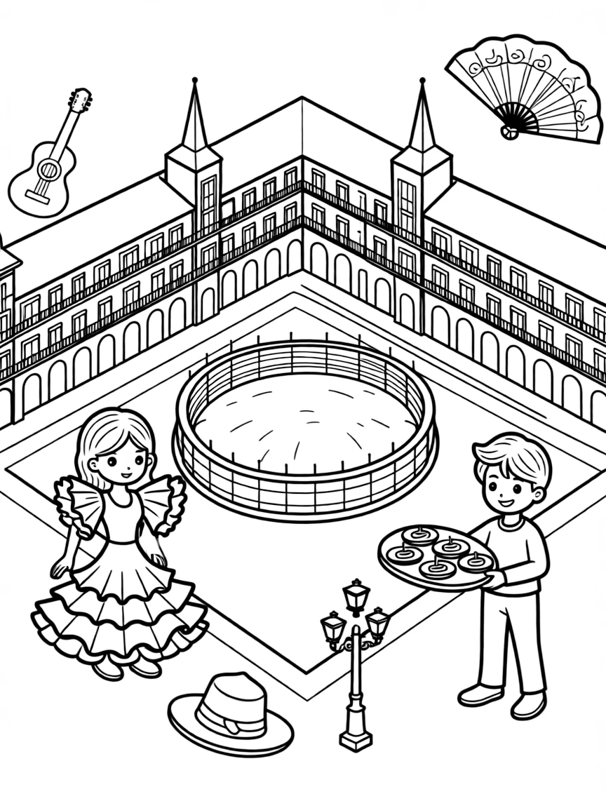 The Plaza Mayor with Spanish bullfighting elements, flamenco dress ruffles, tapas serving plates, and Iberian Peninsula cultural symbols