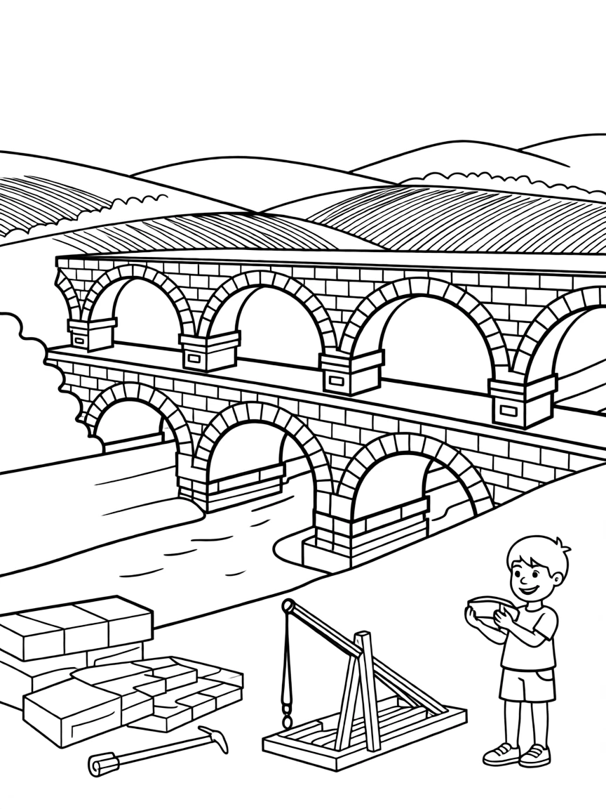 The Pont du Gard with Roman aqueduct engineering, French countryside vineyards, limestone quarry tools, and ancient construction equipment