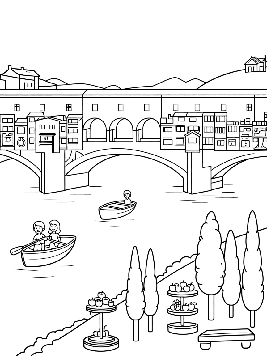 The Ponte Vecchio with Italian Renaissance jewelry, Florentine artisan tools, Arno River boat scenes, and Tuscan countryside elements