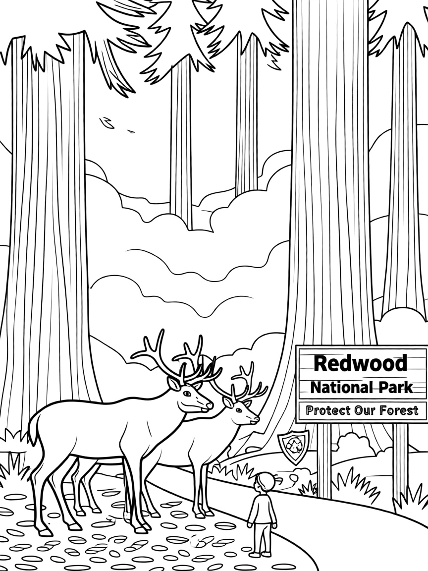 Redwood National Park with world's tallest trees, Pacific fog scenes, Roosevelt elk families, and forest conservation symbols