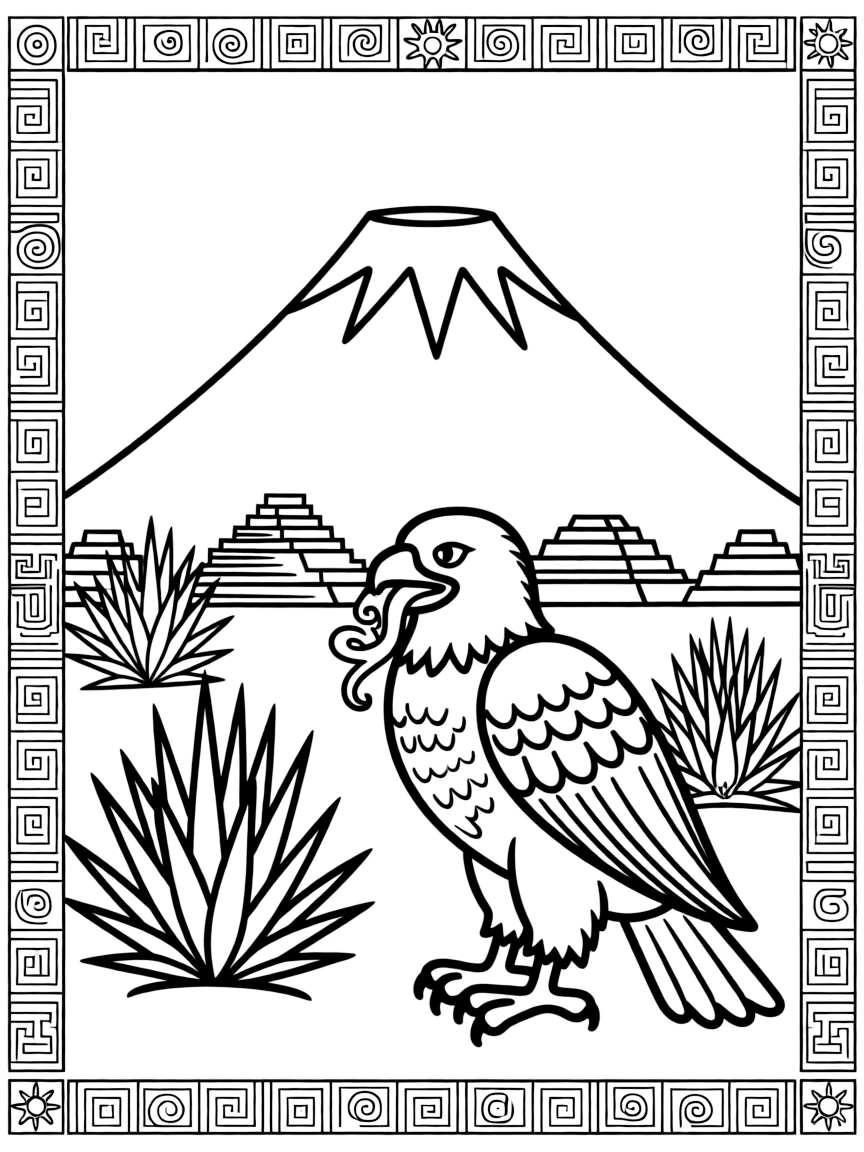 The Popocatépetl volcano with Aztec symbols, Mexican eagle and serpent, agave plants, and pre-Columbian pyramid silhouettes