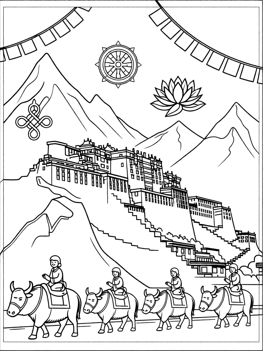 The Potala Palace with Tibetan prayer flags, yak caravans, Himalayan snow peaks, and Buddhist meditation symbols