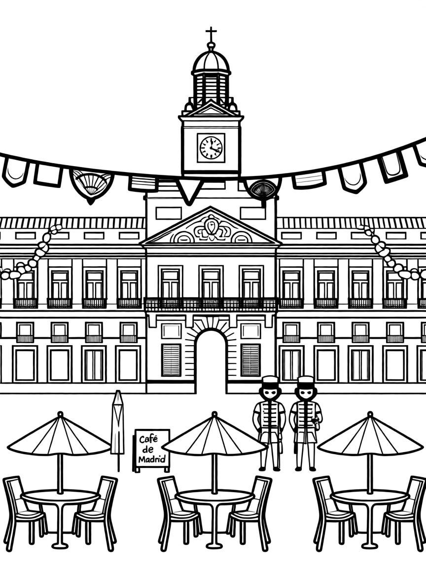 The Puerta del Sol with Spanish clock tower, Madrid street café tables, royal palace guards, and Iberian cultural celebration elements