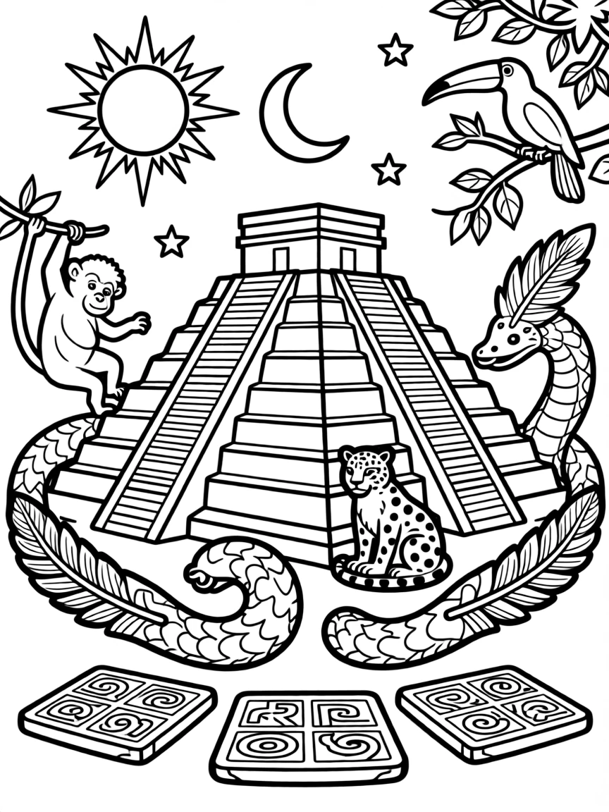 The Pyramid of Kukulcán with Mayan feathered serpent symbols, Yucatan jungle wildlife, ancient calendar stones, and pre-Columbian astronomy