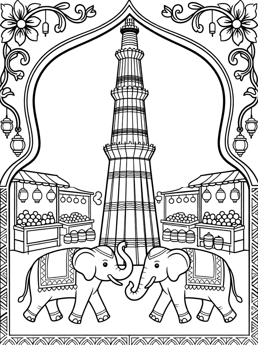 The Qutub Minar with Indian elephants, Mughal architecture details, Delhi street market symbols, and Indo-Islamic decorative patterns