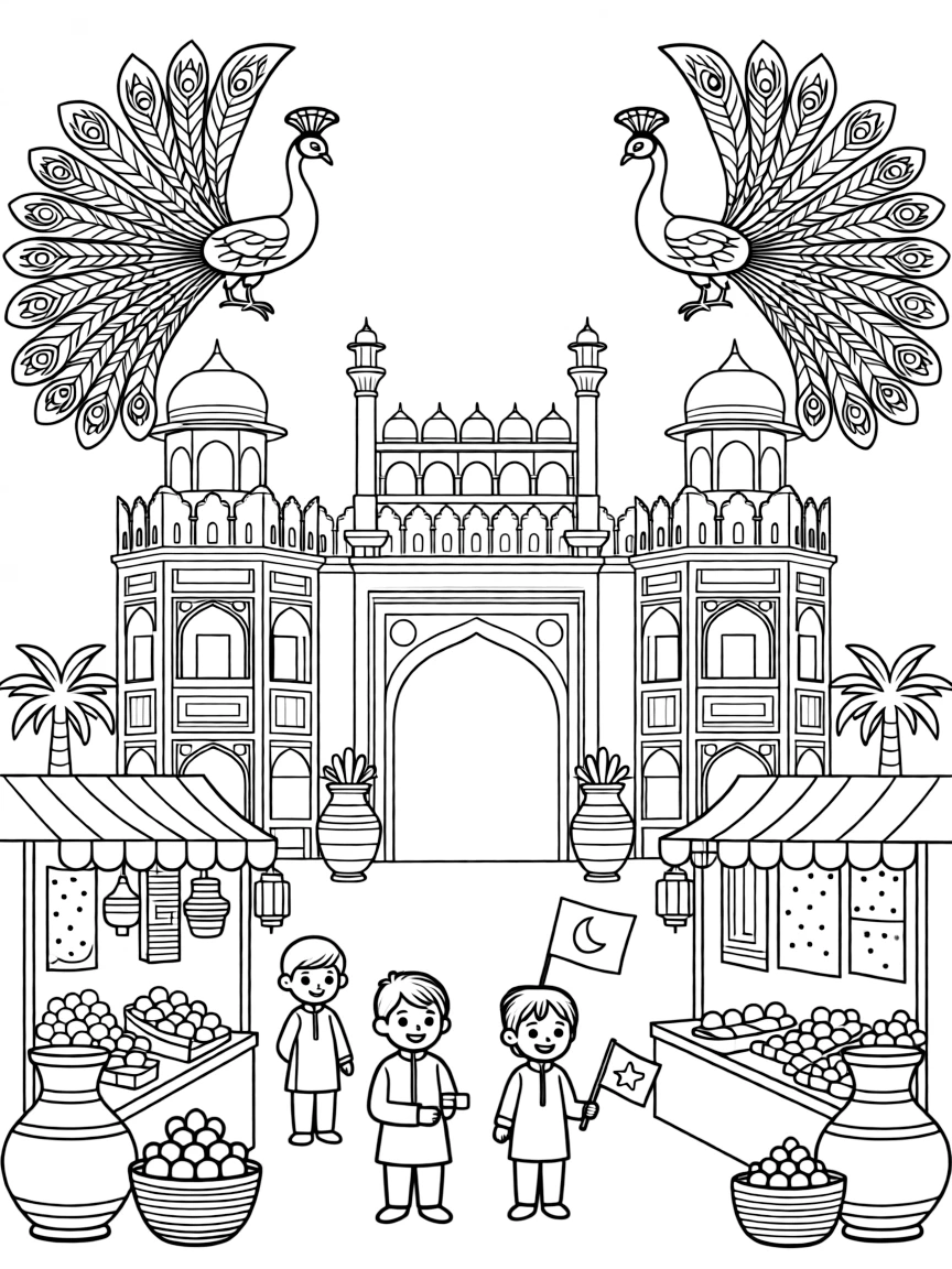 The Red Fort with Mughal emperor symbols, Indian peacock decorations, Delhi bazaar elements, and Indo-Islamic architectural patterns