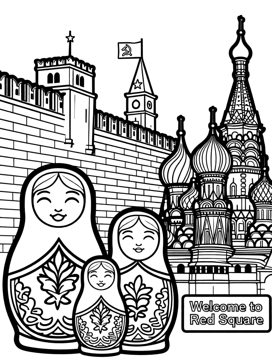 The Red Square with Russian matryoshka dolls, Kremlin wall decorations, Saint Basil's colorful onion domes, and Soviet-era symbols