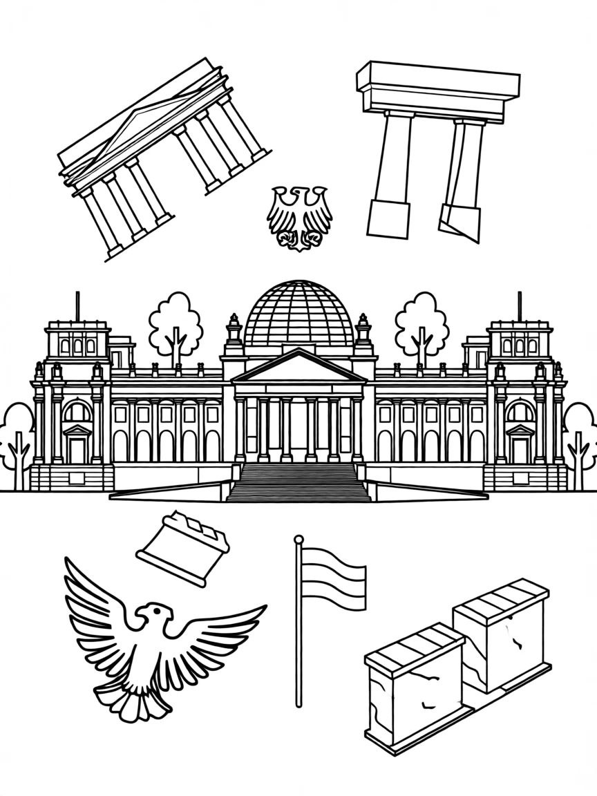 The Reichstag with German reunification symbols, Brandenburg Gate silhouettes, Berlin Wall pieces, and modern German democratic elements