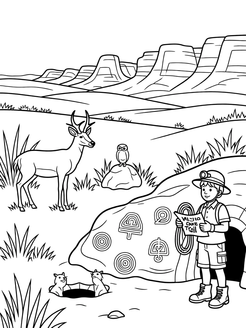 Wind Cave with prairie wildlife, South Dakota badlands, Native American sacred symbols, and underground cave exploration equipment
