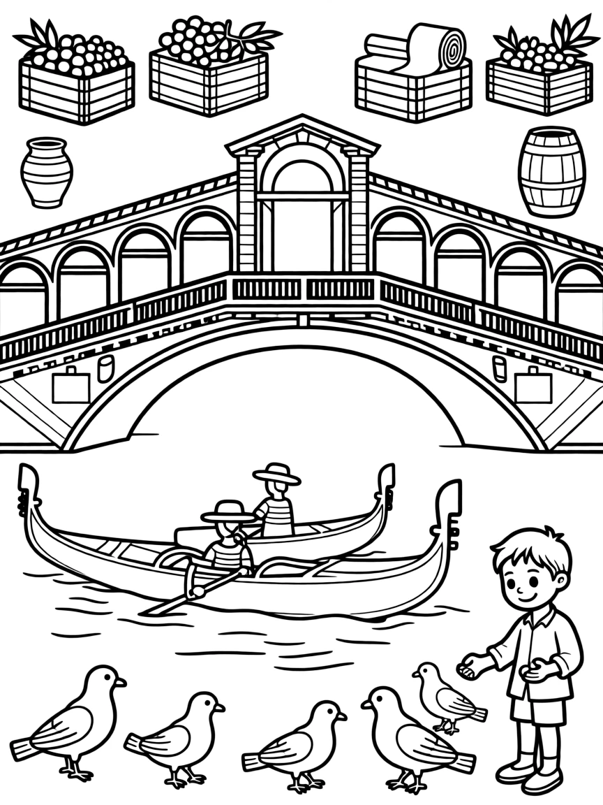 The Rialto Bridge with Venetian merchant symbols, Grand Canal gondolas, Italian Renaissance trade goods, and St. Mark's Square pigeons