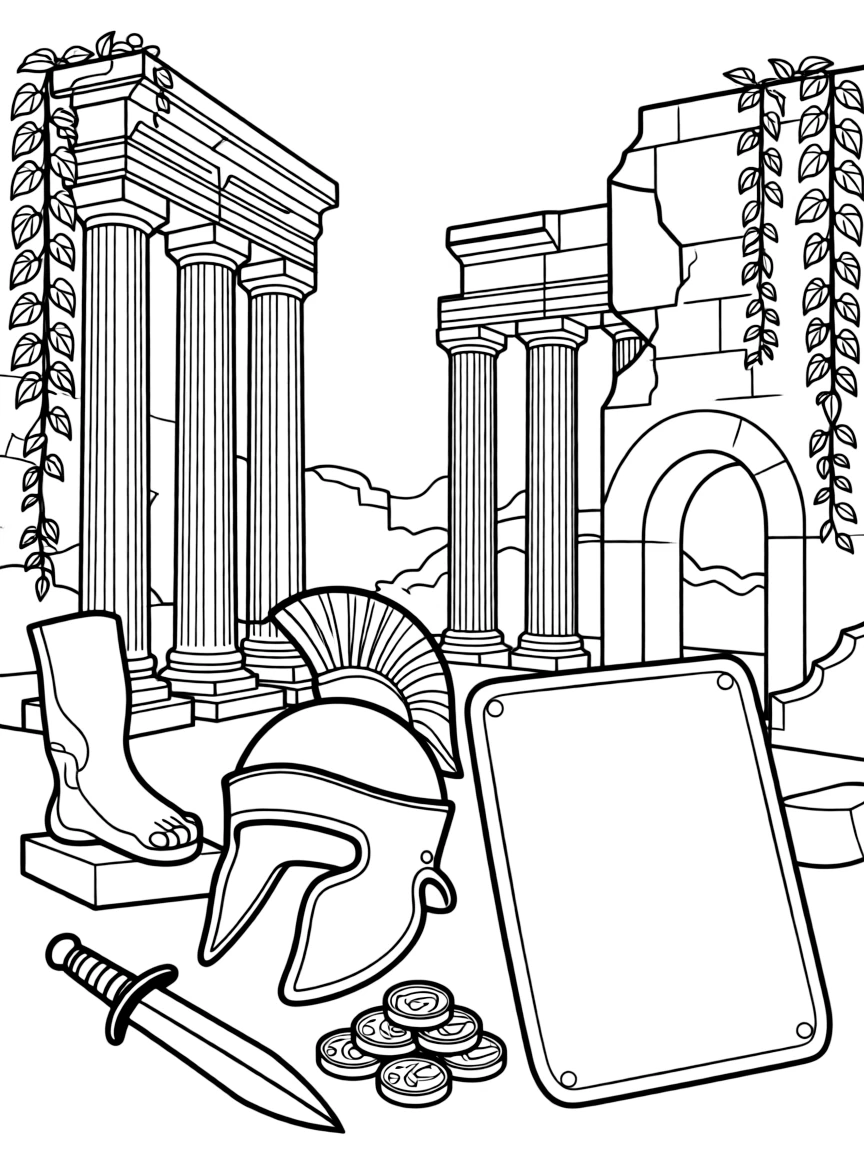 The Roman Forum with gladiator equipment, ancient Roman coins, marble statue fragments, and ivy-covered classical ruins