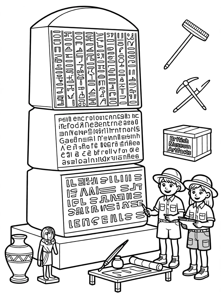 The Rosetta Stone with Egyptian hieroglyphs, British Museum artifacts, ancient scribes' tools, and archaeological discovery symbols