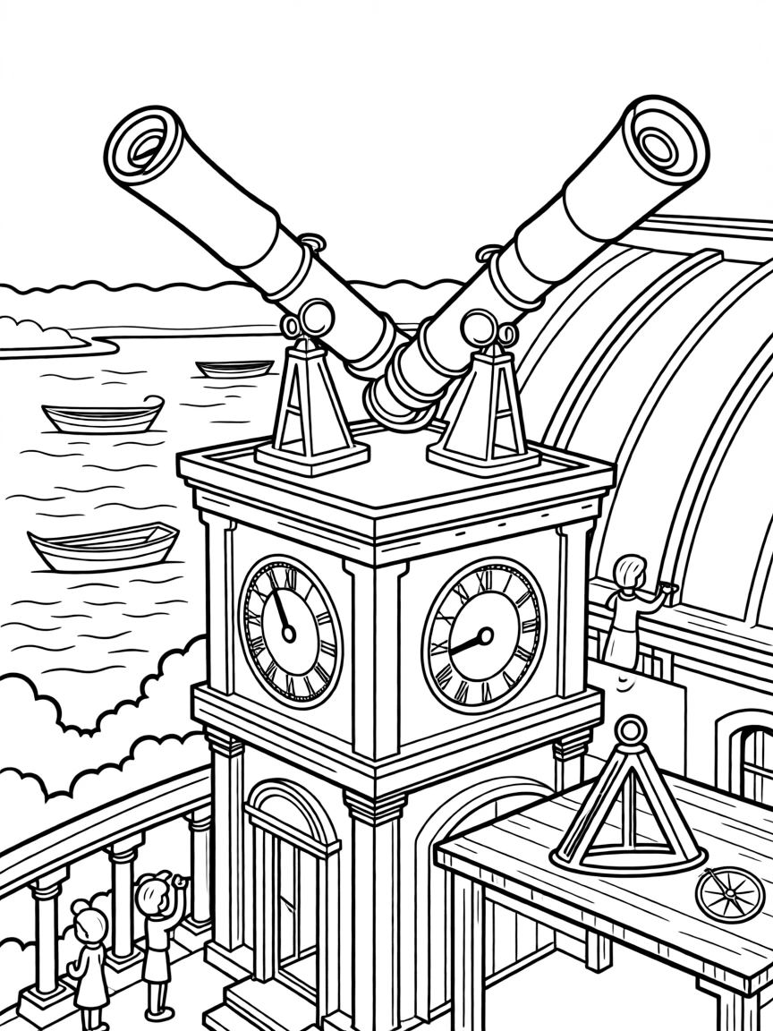 The Royal Observatory with astronomical telescopes, Greenwich Mean Time clocks, maritime navigation tools, and London Thames River views