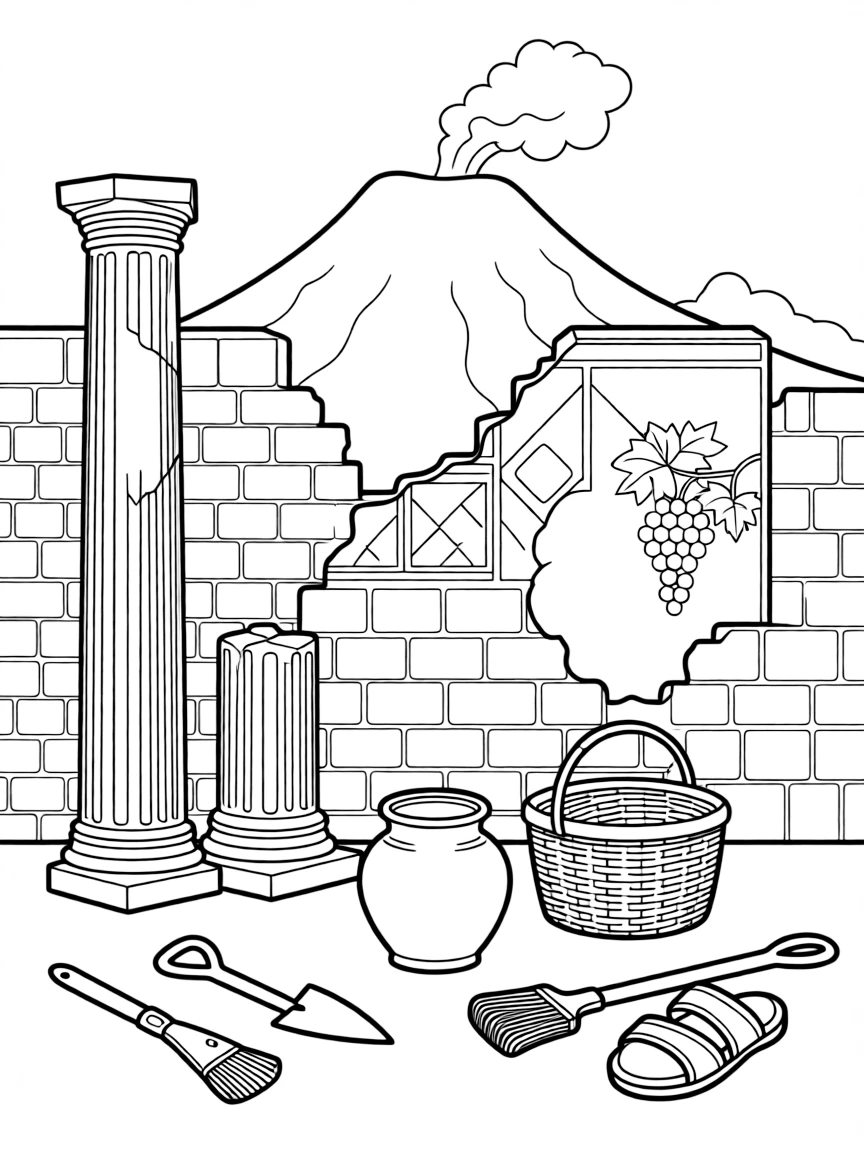 The Ruins of Pompeii with Mount Vesuvius silhouettes, ancient Roman daily life objects, archaeological excavation tools, and preserved frescoes