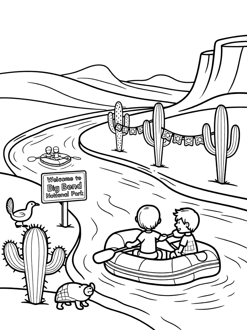 Big Bend National Park with Rio Grande River rafting, Chihuahuan Desert cacti, Mexican border culture, and Texas wildlife symbols