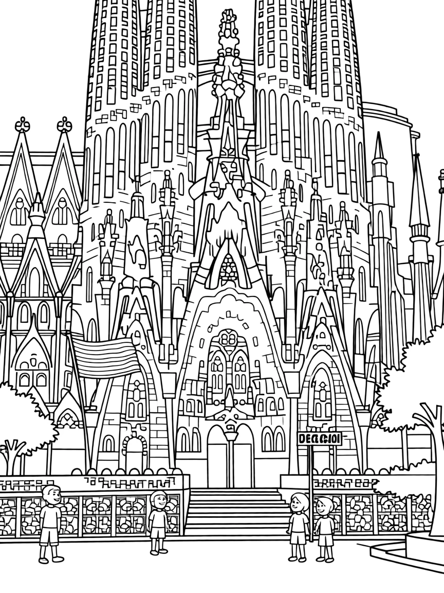The Sagrada Família with Antoni Gaudí architectural swirls, Barcelona modernist elements, Catalonian cultural symbols, and Spanish Gothic details