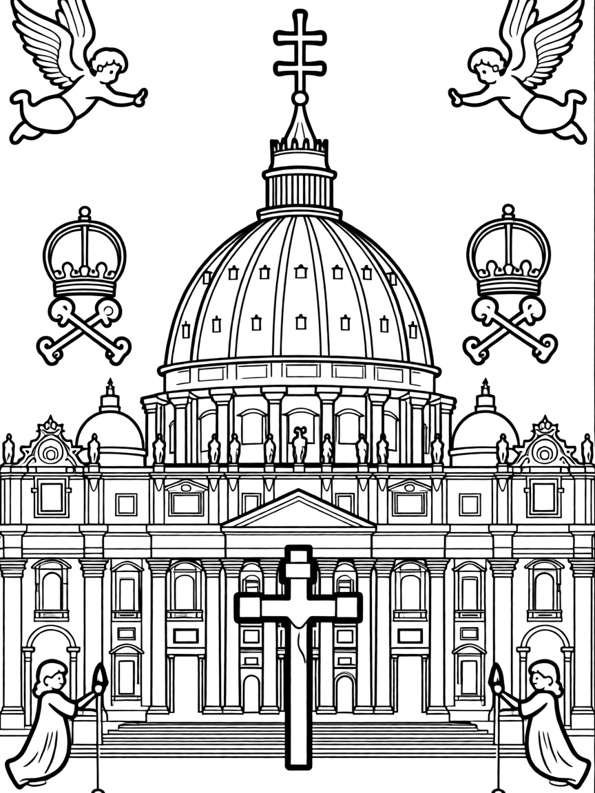 The Saint Peter's Basilica with Vatican papal symbols, Sistine Chapel art references, Roman Catholic religious icons, and Renaissance architectural details
