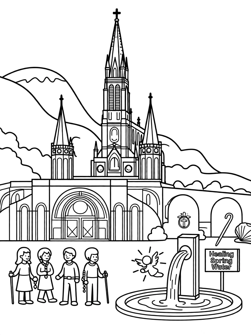 The Sanctuary of Our Lady of Lourdes with French pilgrimage symbols, Pyrenees mountain backgrounds, healing spring water, and Catholic miracle stories