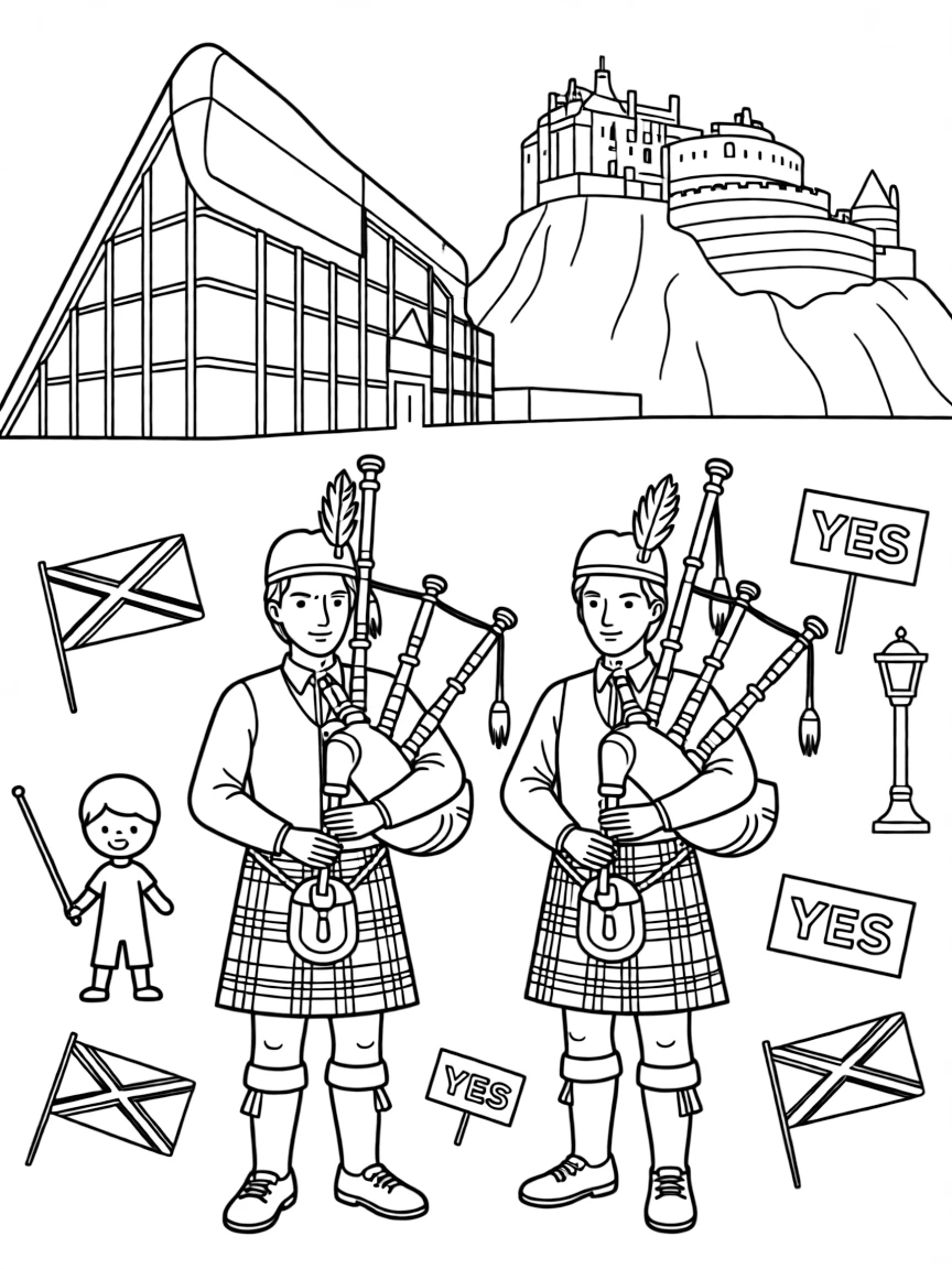 The Scottish Parliament with Edinburgh Castle views, Highland bagpipers, clan tartan patterns, and Scottish independence symbols