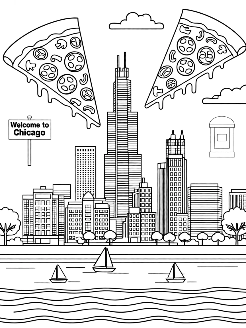 The Sears Tower (Willis Tower) with Chicago skyline, Lake Michigan views, deep-dish pizza symbols, and Midwestern architectural elements