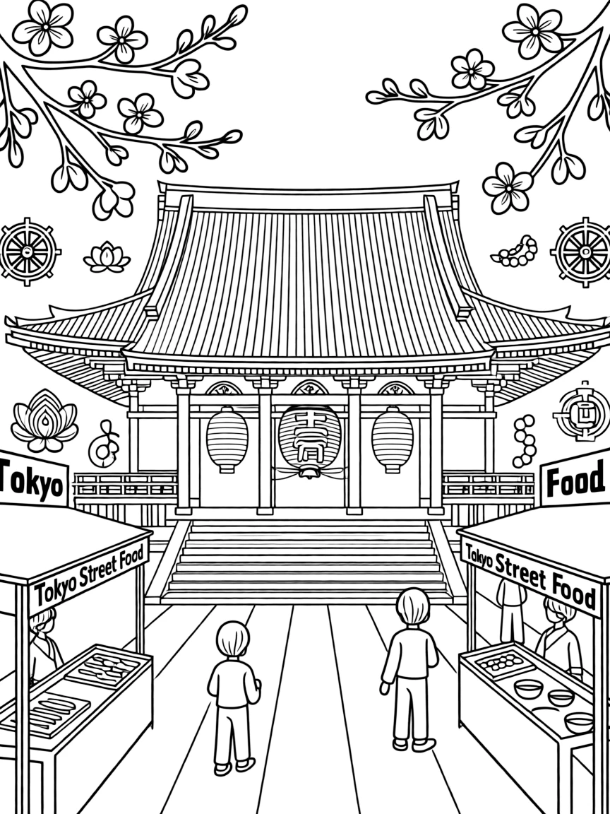 The Sensoji Temple with Japanese paper lanterns, Tokyo street food stalls, cherry blossom branches, and traditional Buddhist prayer symbols