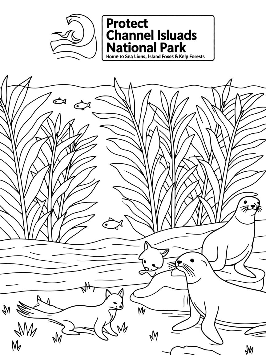 Channel Islands National Park with California sea lions, island foxes, kelp forest ecosystems, and Pacific coastal conservation symbols
