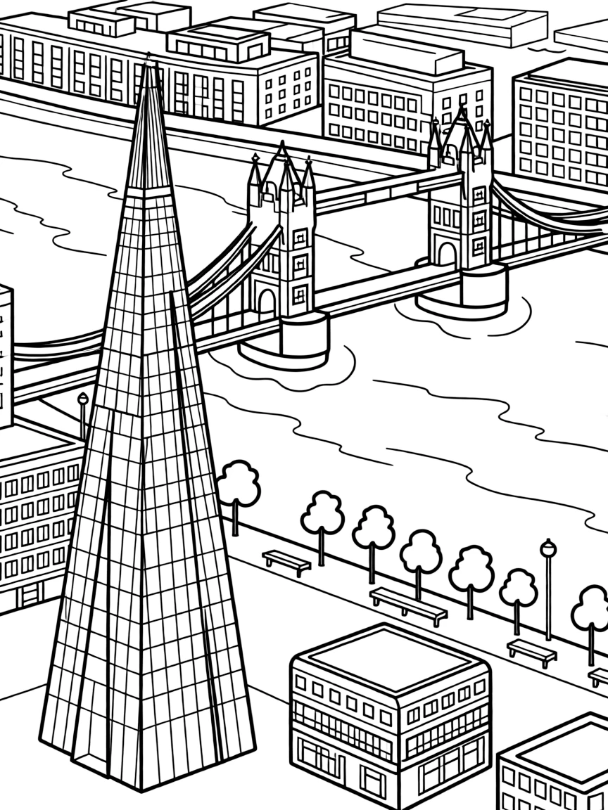The Shard with London Thames views, modern British architecture, Tower Bridge silhouettes, and contemporary urban planning elements