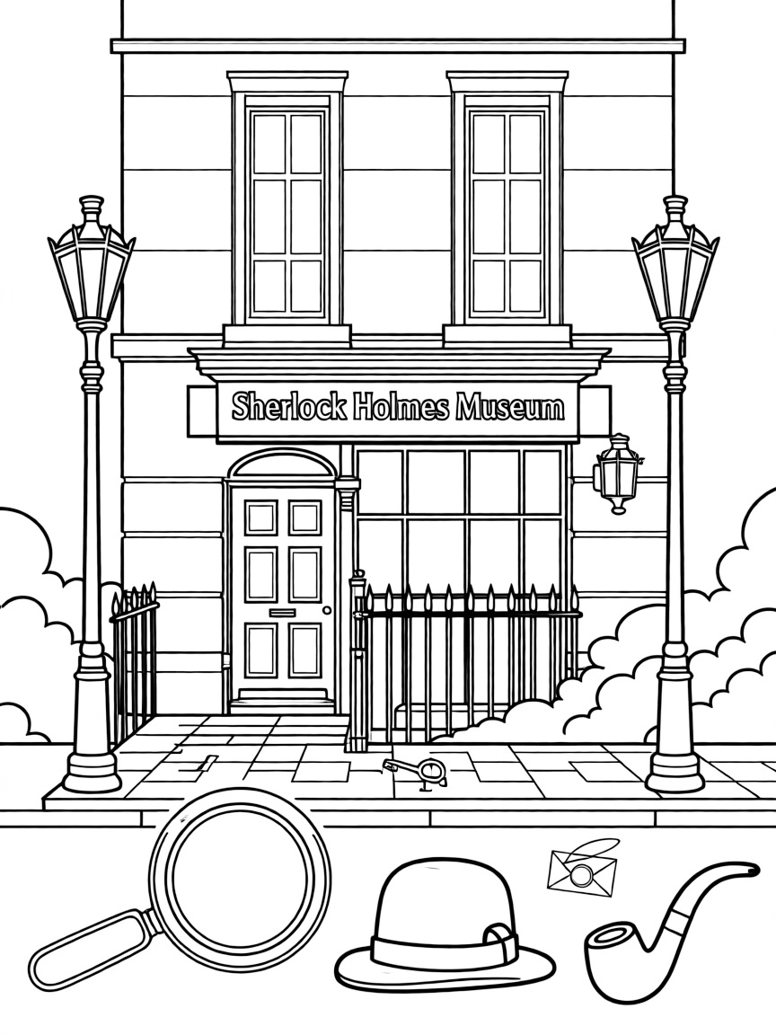 The Sherlock Holmes Museum with Victorian London elements, detective magnifying glasses, Baker Street fog, and British mystery novel symbols