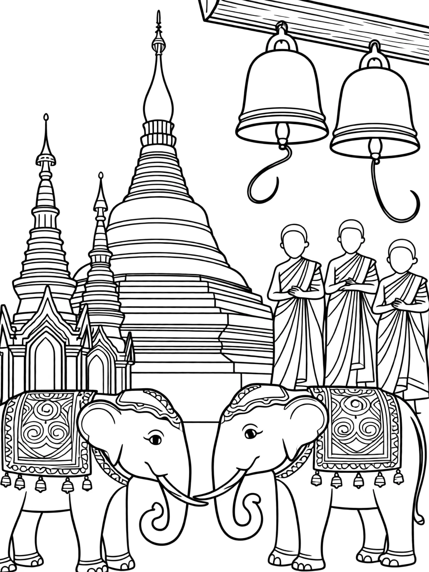 The Shwedagon Pagoda with Myanmar golden stupas, Buddhist monks in saffron robes, temple bells, and Southeast Asian elephant decorations