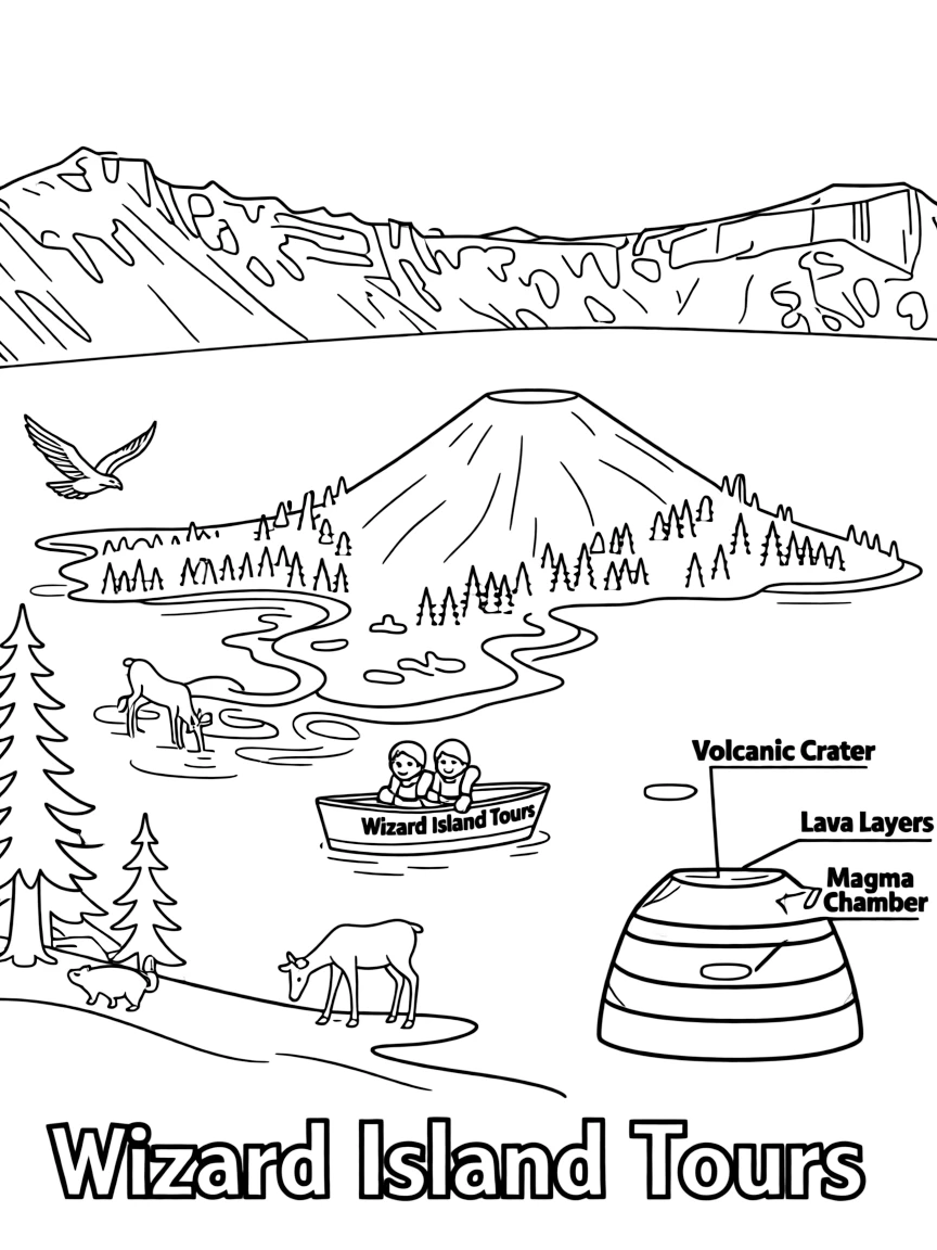 Crater Lake National Park with Oregon Cascade mountains, Wizard Island boat tours, Pacific Northwest wildlife, and volcanic caldera cross-sections