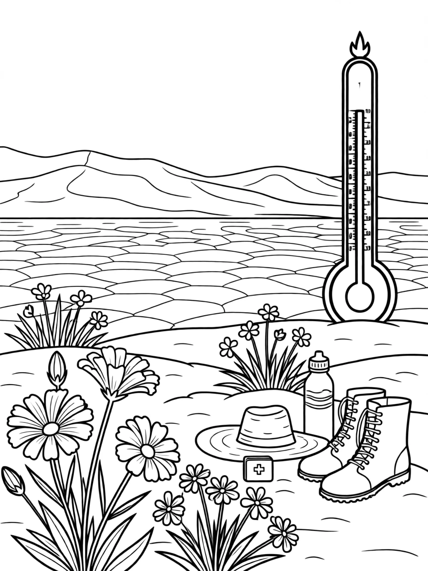 Death Valley National Park with desert wildflower blooms, California/Nevada badwater landscapes, extreme temperature thermometers, and survival gear