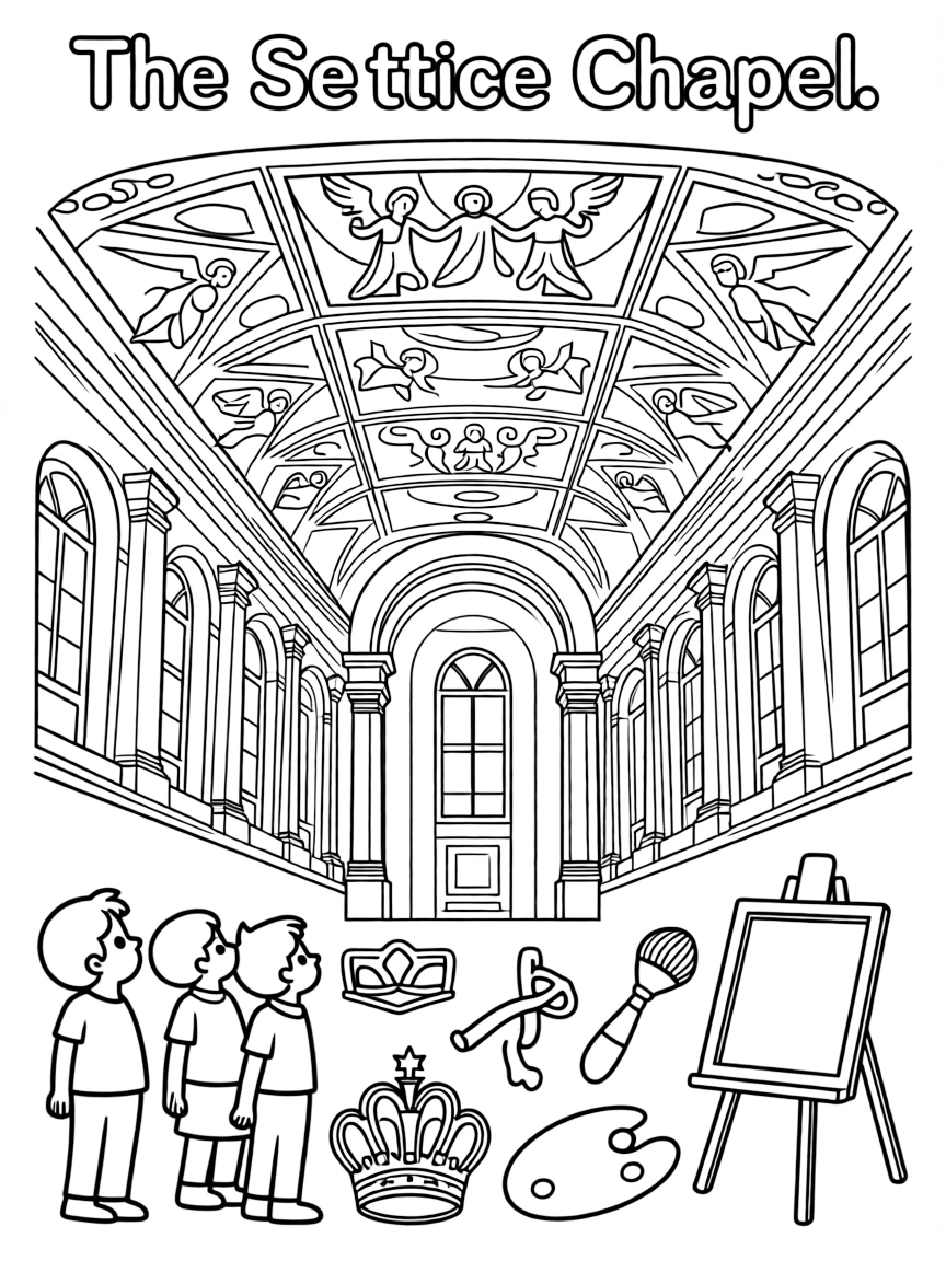 The Sistine Chapel with Michelangelo art references, Vatican religious frescoes, papal ceremony symbols, and Renaissance artistic tools