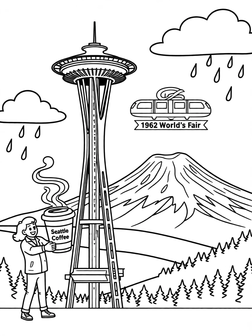 The Space Needle with Seattle coffee culture, Pacific Northwest rain clouds, Mount Rainier backgrounds, and 1962 World's Fair symbols