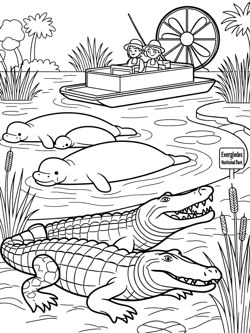 Everglades National Park with Florida alligators, manatee families, airboat tours, and subtropical wetland ecosystem preservation