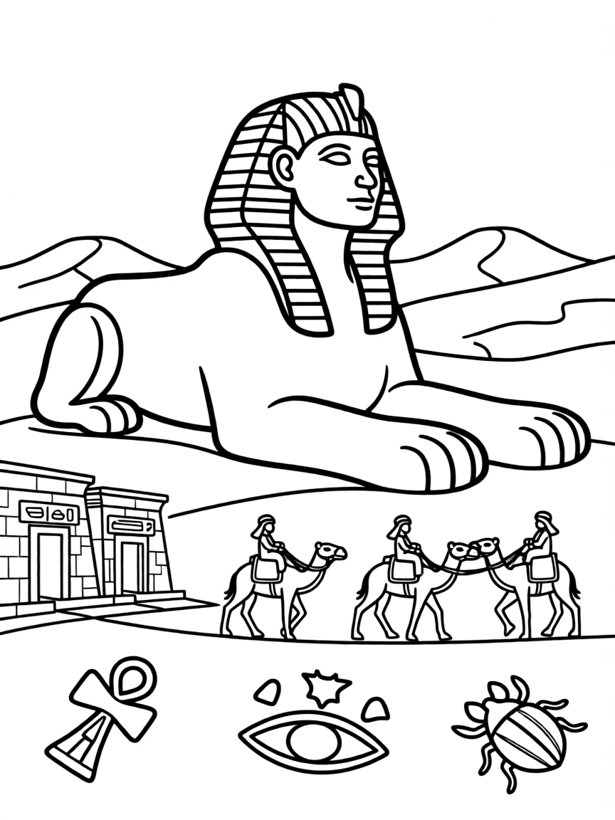 The Sphinx with Egyptian desert sands, pharaoh burial chambers, camel caravans, and ancient Egyptian mythology symbols