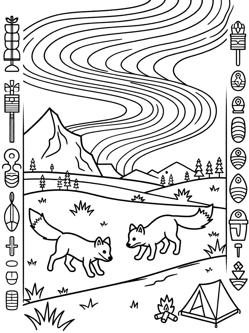 Gates of the Arctic National Park with Alaska Arctic foxes, northern lights displays, Inuit cultural symbols, and tundra wilderness survival